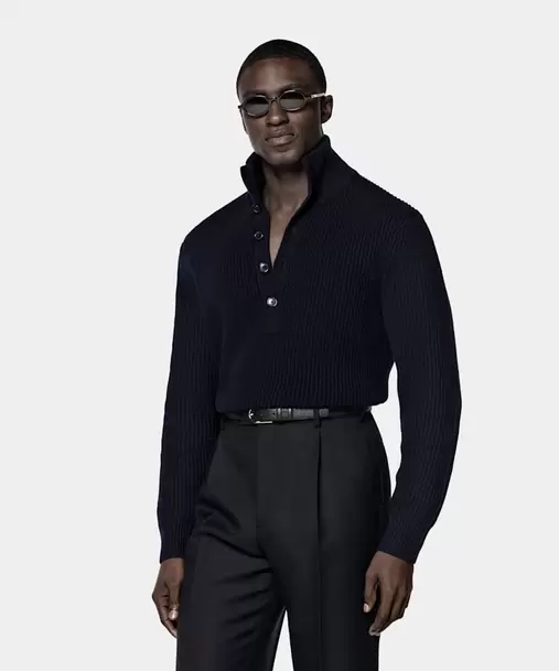 Navy Ribbed Long Sleeve Funnel-Neck