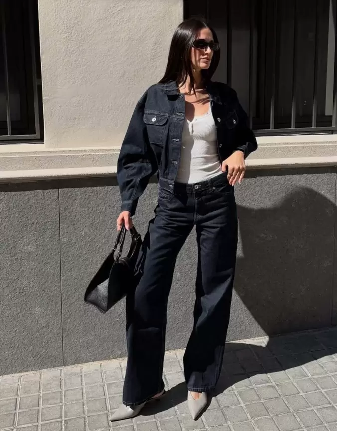 Cropped denim jack met pofmouwen