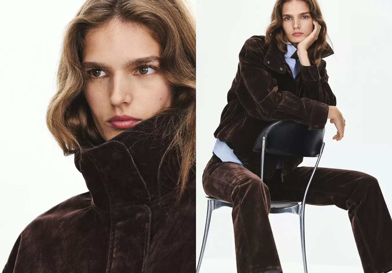 Velvety jacket with funnel neck