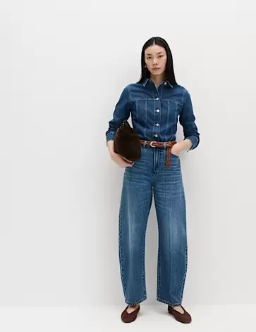 Jeans met hoge taille, ballonpijpen en plooi voorop