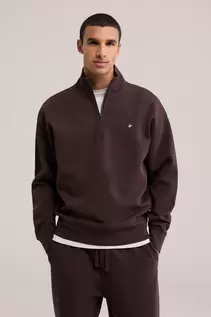 Relaxed fit sweater van interlock met quarter-zip en embroidery