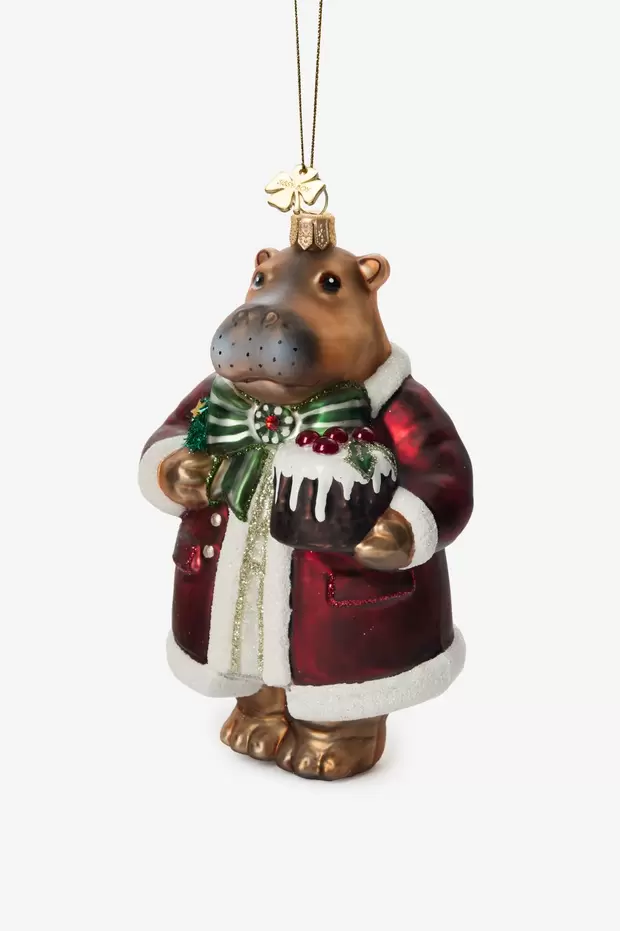 Kerst ornament nijlpaard met kerstjas