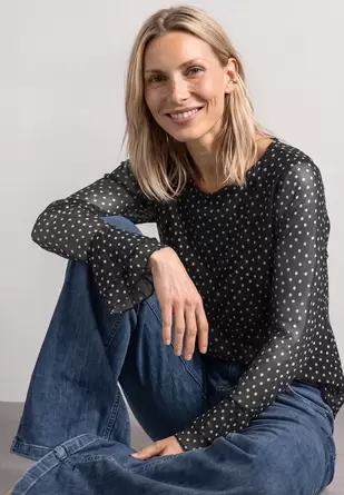 Shirt van mesh met print en volantdetails