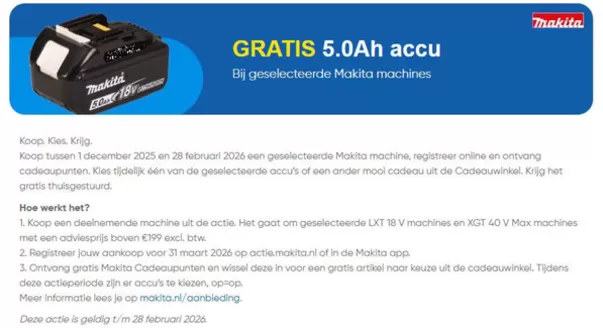Catalogus van Toolstation in Scheveningen | GRATIS 5.0Ah accu Bij geselecteerde Makita machines | 2026-02-16T00:00:00.000Z - 2026-02-28T00:00:00.000Z