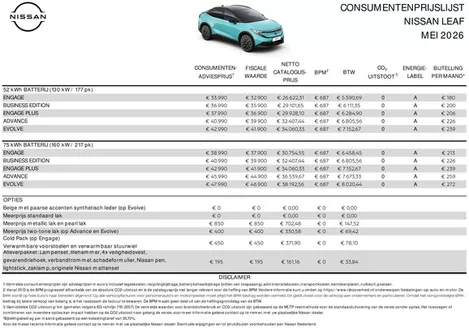 Catalogus van Nissan | Prijslijst LEAF | 2026-05-01T00:00:00.000Z - 2026-05-31T00:00:00.000Z