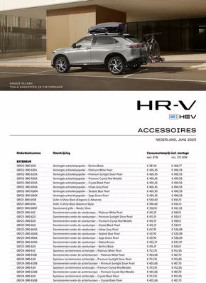 Honda HR-V e:HEV — Prijslijst Accessoires