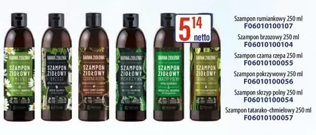 Szampon rumiankowy 250ml, Szampon brzozowy 250 ml, Szampon crama rzepa 250 ml, Szampon pokrzywowy 250ml, Szampon skrzyp polny 250ml, Szampon tatarako-chmielowy 250ml