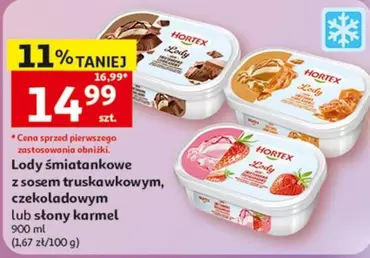 Lody śmietankowe z sosem truskawkowym, czekoladowym lub słony karmel