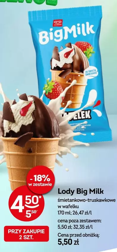 Lody Big Milk śmietankowo-truskawkowe w wafelku