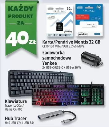 Flash - Karta/Pendrive Montis 32 GB, Ładowarka samochodowa Yenkee