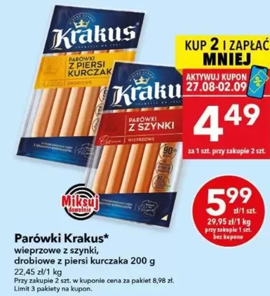 Parówki wieprzowe z szynki, drobiowe z piersi kurczaka