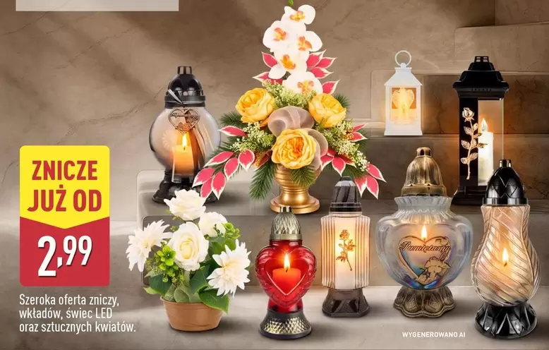 Znicze, świece LED oraz sztucznych kwiatów