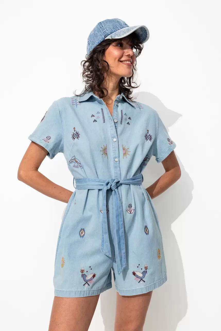 Combishort en jean brodé Femme