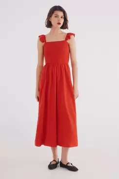 Linen midi dress with straps and ruffle