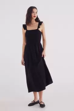 Linen midi dress with straps and ruffle