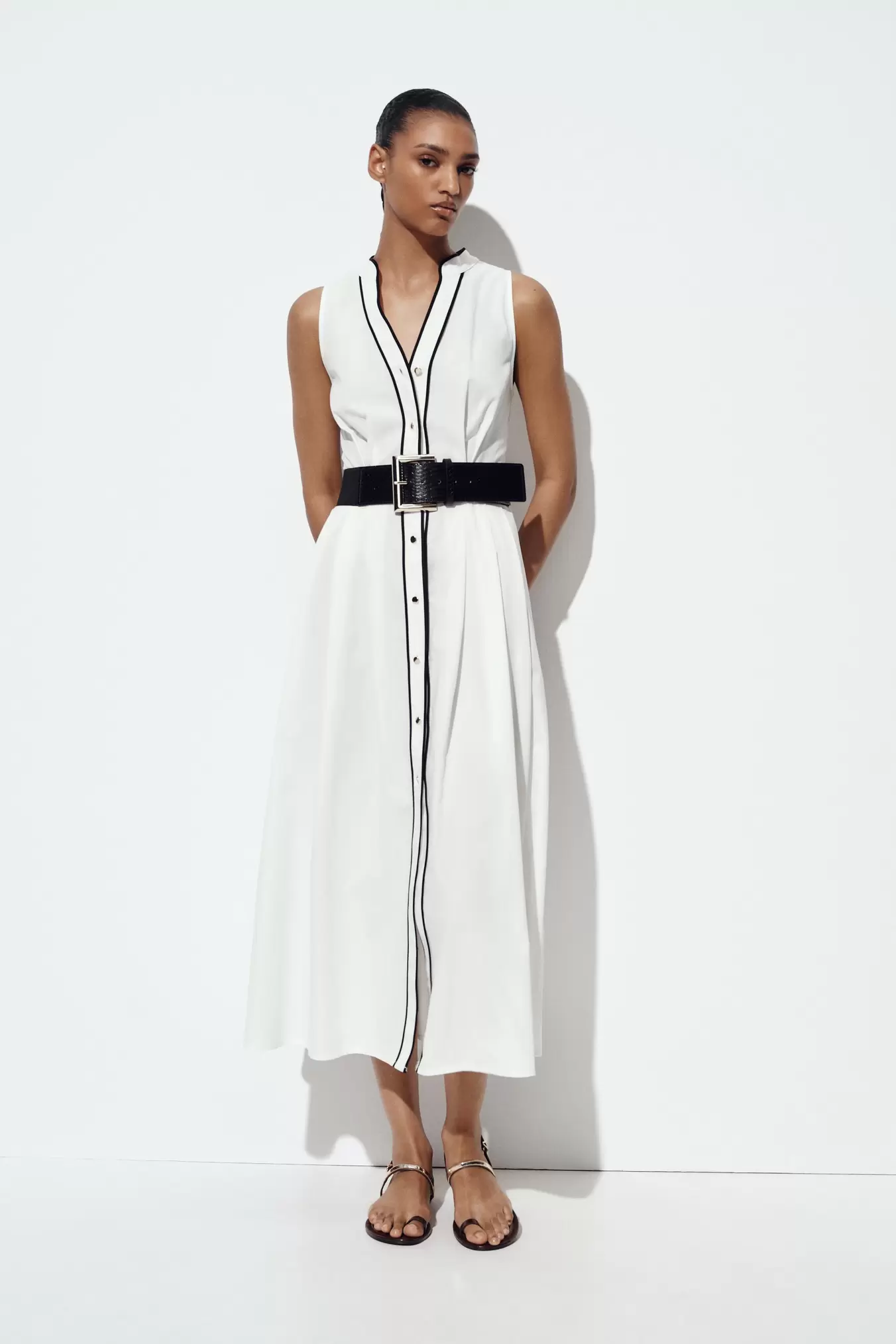 CONTRAST TRIM POPLIN MIDI DRESS