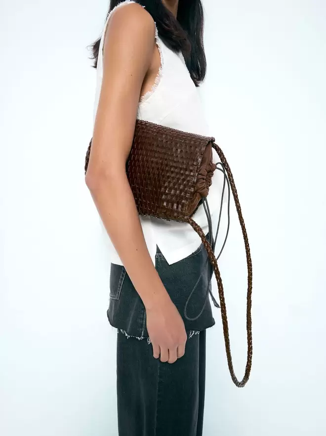 Braided leather bucket bag