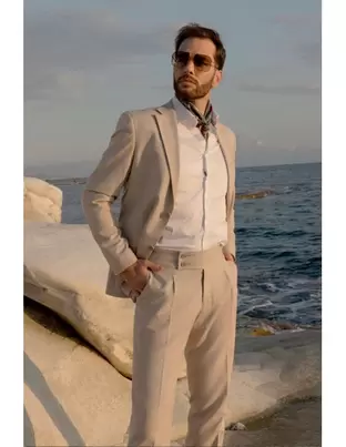 Beżowe Spodnie Męskie Wizytowe Len