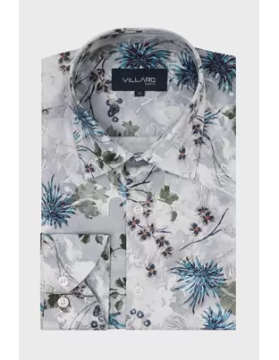 Szara Koszula Męska Wzór Roślinny