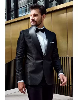 Czarny Smoking Męski Wzór Żakard