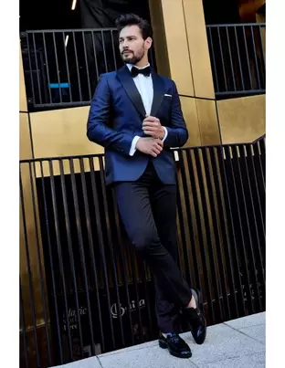 Granatowy Smoking Męski Wzór Żakard