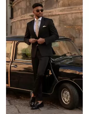 Czarny Garnitur Męski Wzór Skośny Splot