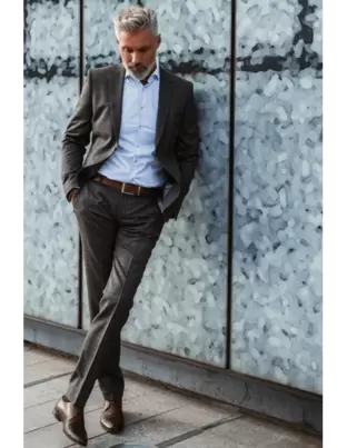 Brązowy Garnitur Męski Wzór Krata