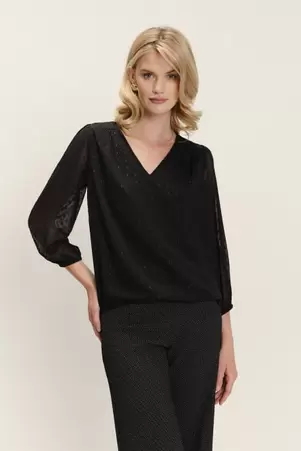 Elegancka czarna bluzka z delikatnym printem i półtransparentnymi rękawami