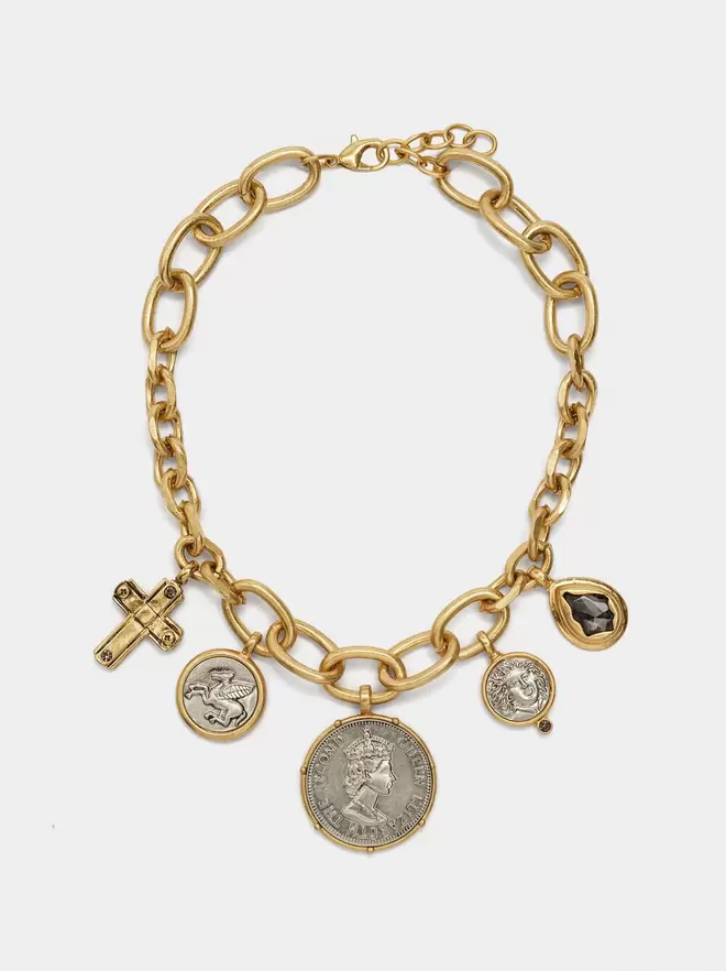 Bicolor necklace of links with coins