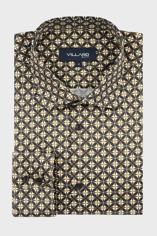 Beżowa Koszula Męska Geometryczny Wzór