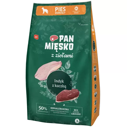 PAN MIĘSKO SUCHA KARMA DLA PSA M z ziołami indyk z kaczką