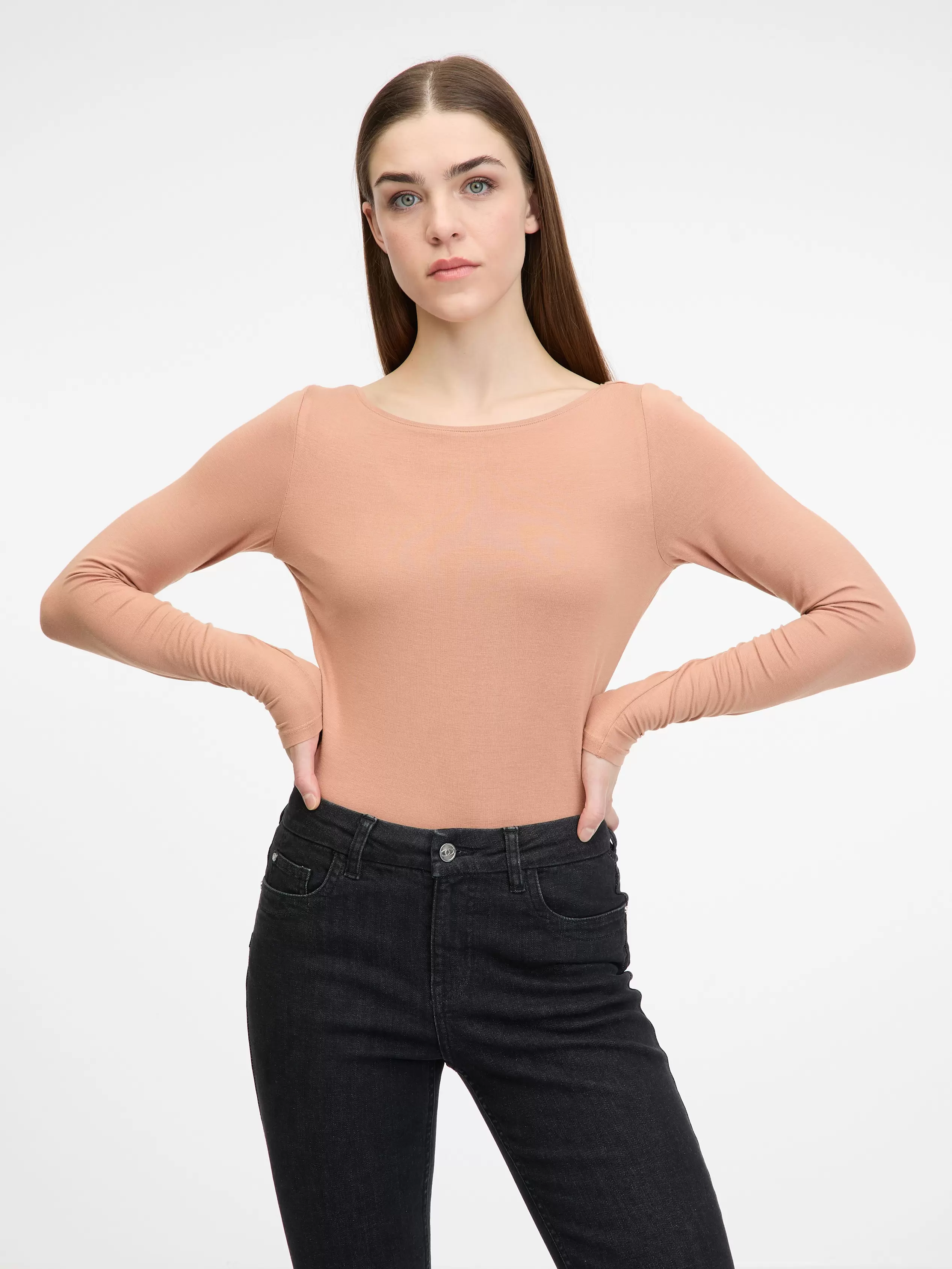 Jasnobrązowa damska koszulka z długim rękawem ORSAY