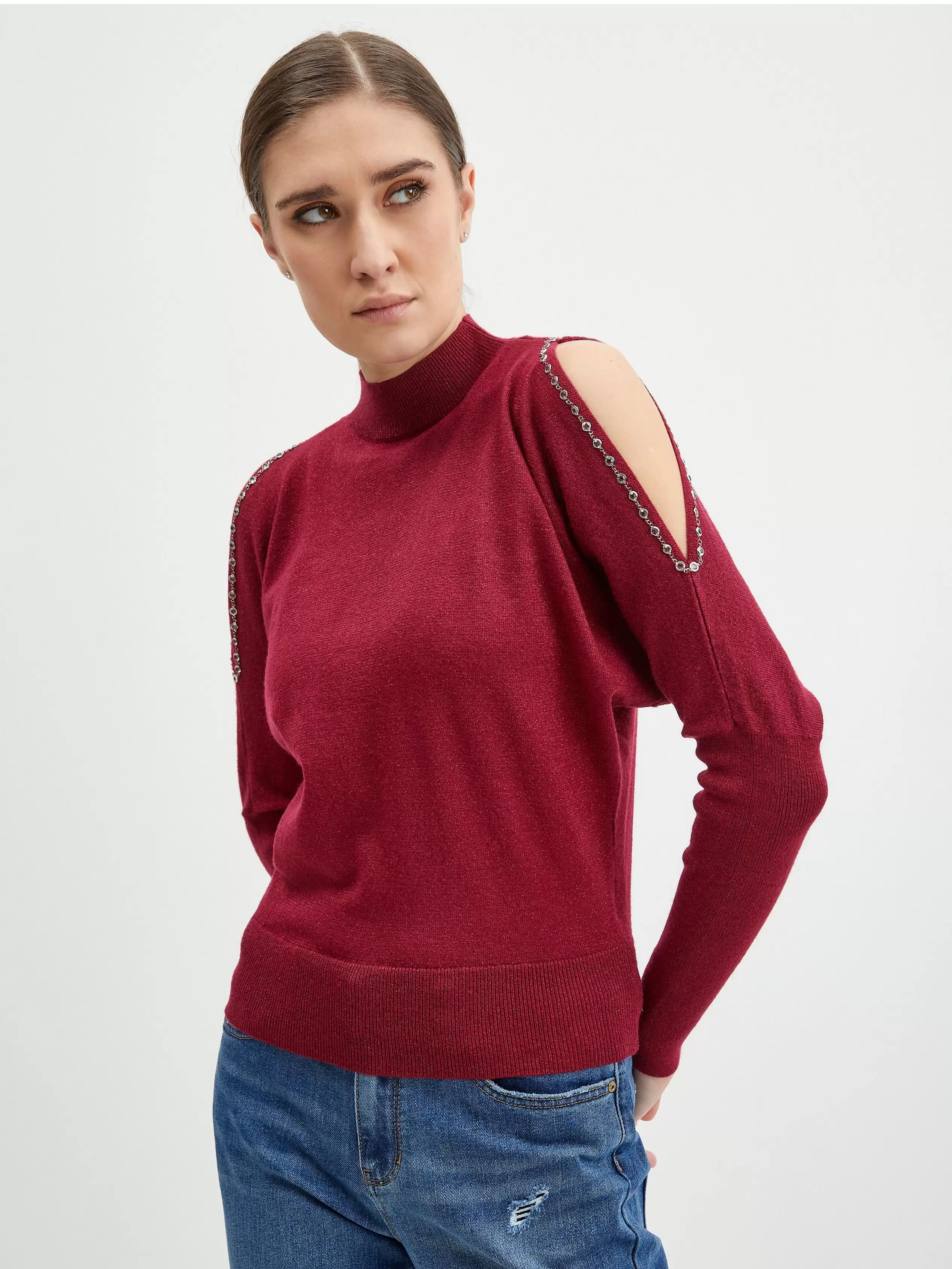 Bordowy sweter damski z rozcięciami ORSAY