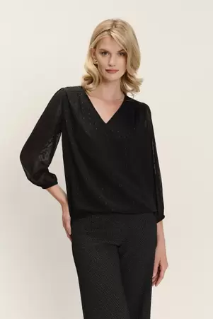 Elegancka czarna bluzka z delikatnym printem i półtransparentnymi rękawami