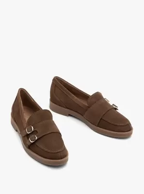 Ciemnobrązowe mokasyny damskie z dwoma sprzączkami