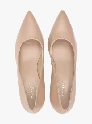 Beżowe czółenka ze skóry licowej na obcasie flare