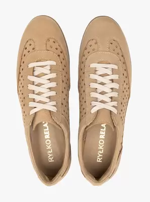 Piaskowe półbuty ze skóry nubukowej z perforacjami