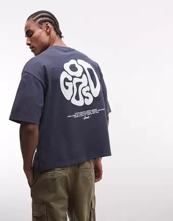 ASOS DESIGN – Granatowy gruby T-shirt oversize o pudełkowym kroju z grafiką na plecach