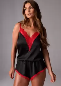 Komplet nocny satynowy czarno-czerwony z koronką - Justin