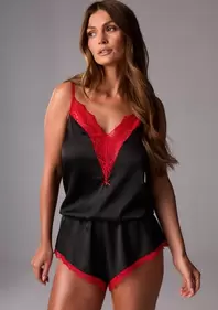 Komplet nocny satynowy czarno-czerwony z koronką - Justin