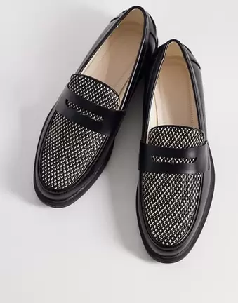 ASOS DESIGN – Czarno-kremowe loafersy penny z rafią