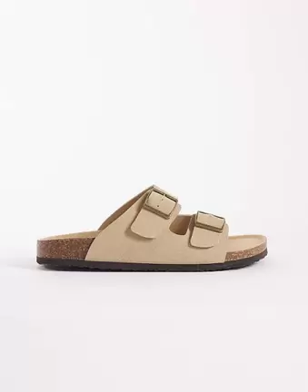 ASOS DESIGN – Szarobrązowe sandały z dwoma paskami i korkową podeszwą