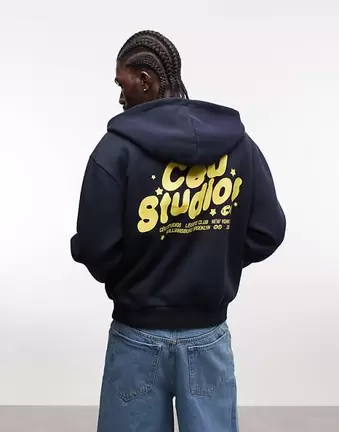 ASOS DESIGN – Granatowa, zapinana na zamek bluza z kapturem i nadrukiem, o pudełkowym kroju