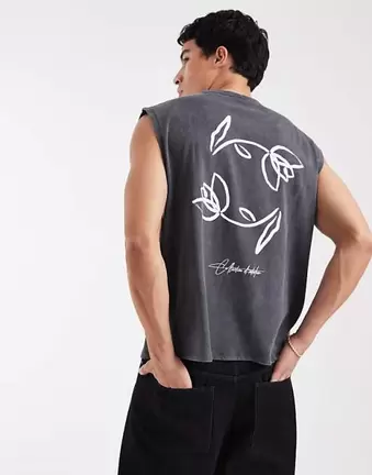 ASOS DESIGN – Grafitowy gruby top bez rękawów oversize o pudełkowym kroju z grafiką z kwiatami