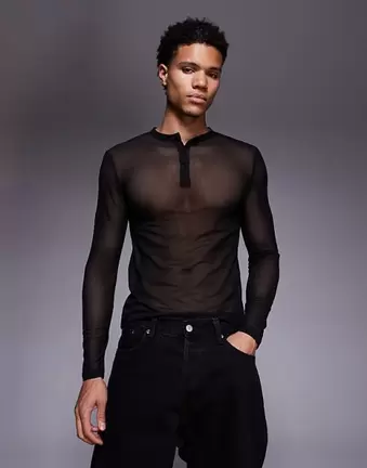 ASOS DESIGN – Czarny siateczkowy T-shirt o kroju podkreślającym sylwetkę z długimi rękawami i dekoltem henley