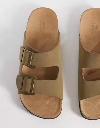 ASOS DESIGN – Szarobrązowe sandały z dwoma paskami i korkową podeszwą