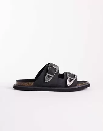 ASOS DESIGN – Czarne sandały z dwoma paskami i klamrami w kowbojskim stylu