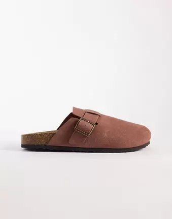 ASOS DESIGN – Szarobeżowe zamszowe klapki sandały z korkową podeszwą