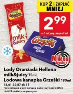 Lody Oranżada Hellena milk&juicy 75ml, Lodowa kanapka Grzeski 180ml
