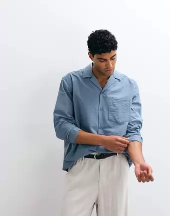 ASOS DESIGN – Niebieska, zwiewna koszula o luźnym kroju, z kołnierzykiem kubańskim